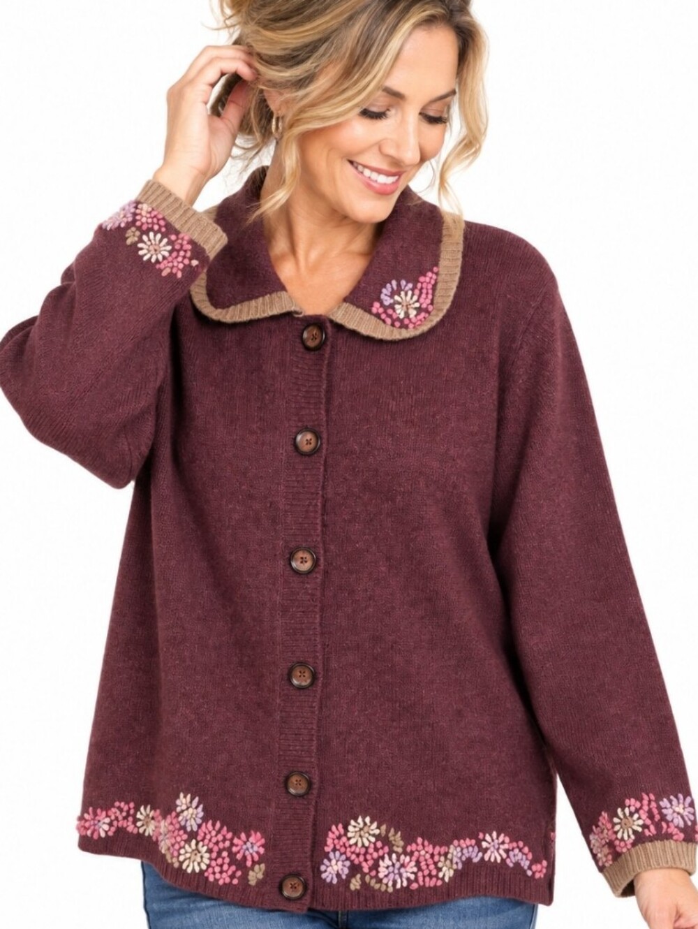 Vintage Woolrich Women’s XL Burgundy Floral Embroidered Wool Cardigan Sweater